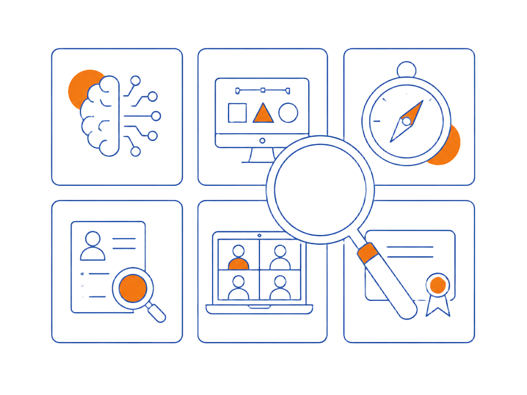 Illustration au trait bleu et orange : grille de formations, intelligence artificielle, outils numériques, orientation professionnelle, recherche d'emploi, classe à distance et certification
