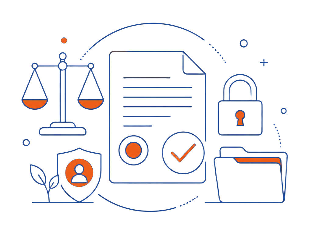 Illustration au trait bleu et orange : document officiel tamponné, balance de la justice, cadenas de protection des données et dossier archivé